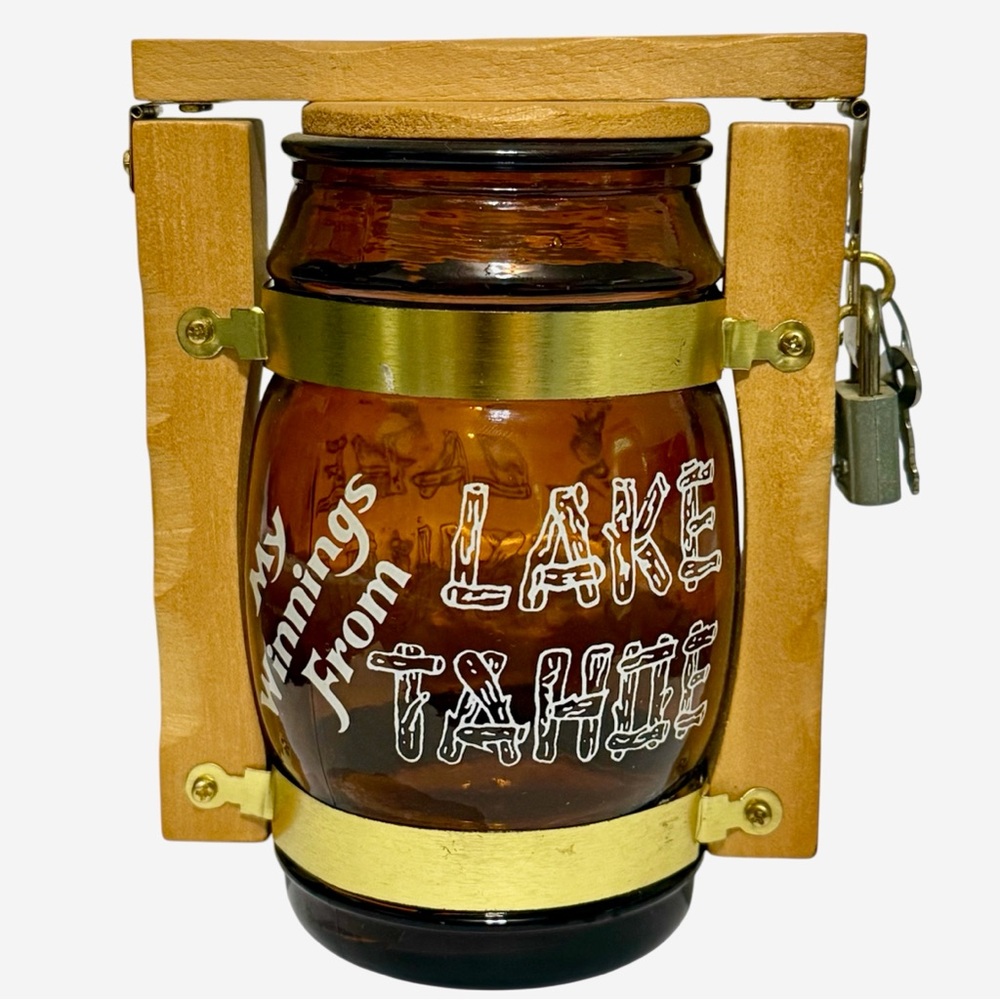 Vintage Lake Tahoe Bank w/ Lock & Key Siesta Ware Amber Glass Barrel Souvenir